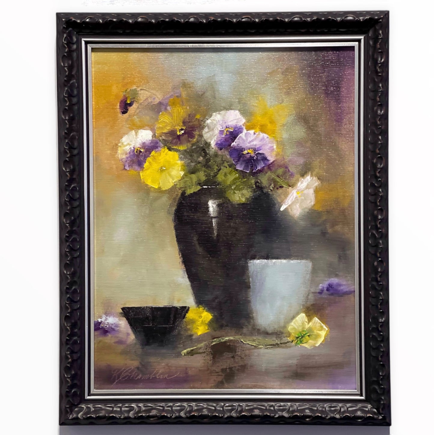 Pansies in Black Vase