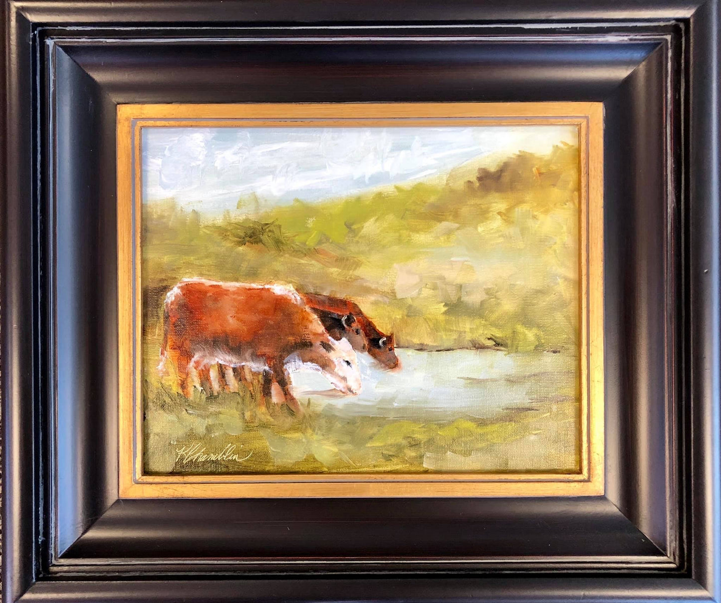Cows Drinking in Pond